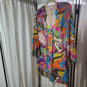 Trina Turk Silk Dress Colorful Psychedelic Size 8 Bell Sleeves Knee Length